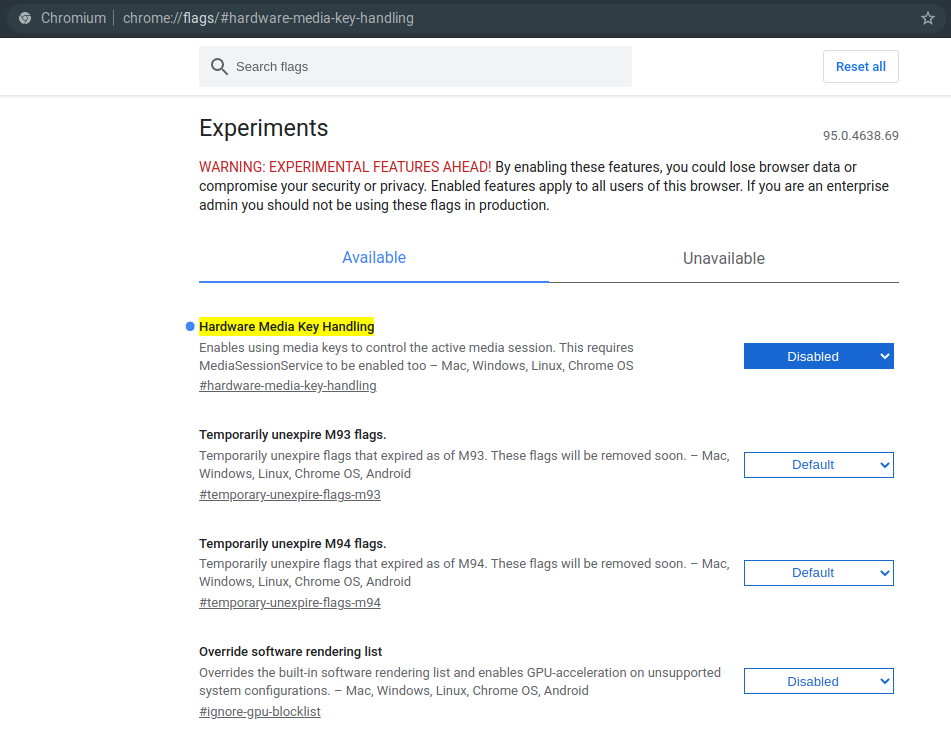 Screenshot of Chromium settings with disabled Hardware Media Key Handling