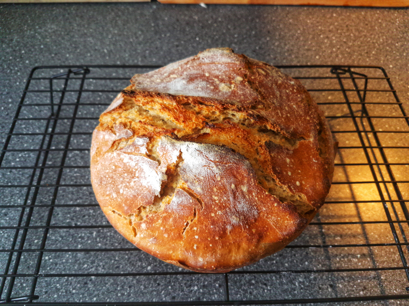 Freshly baked bread on a cooling tray. The crust is nicely formed and has character