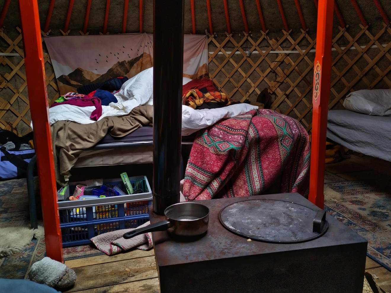 The (cluttered) inside of our yurt