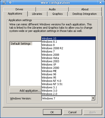 Wine configuration dialog with the good old(TM) Windows design before the Teletubbies invaded