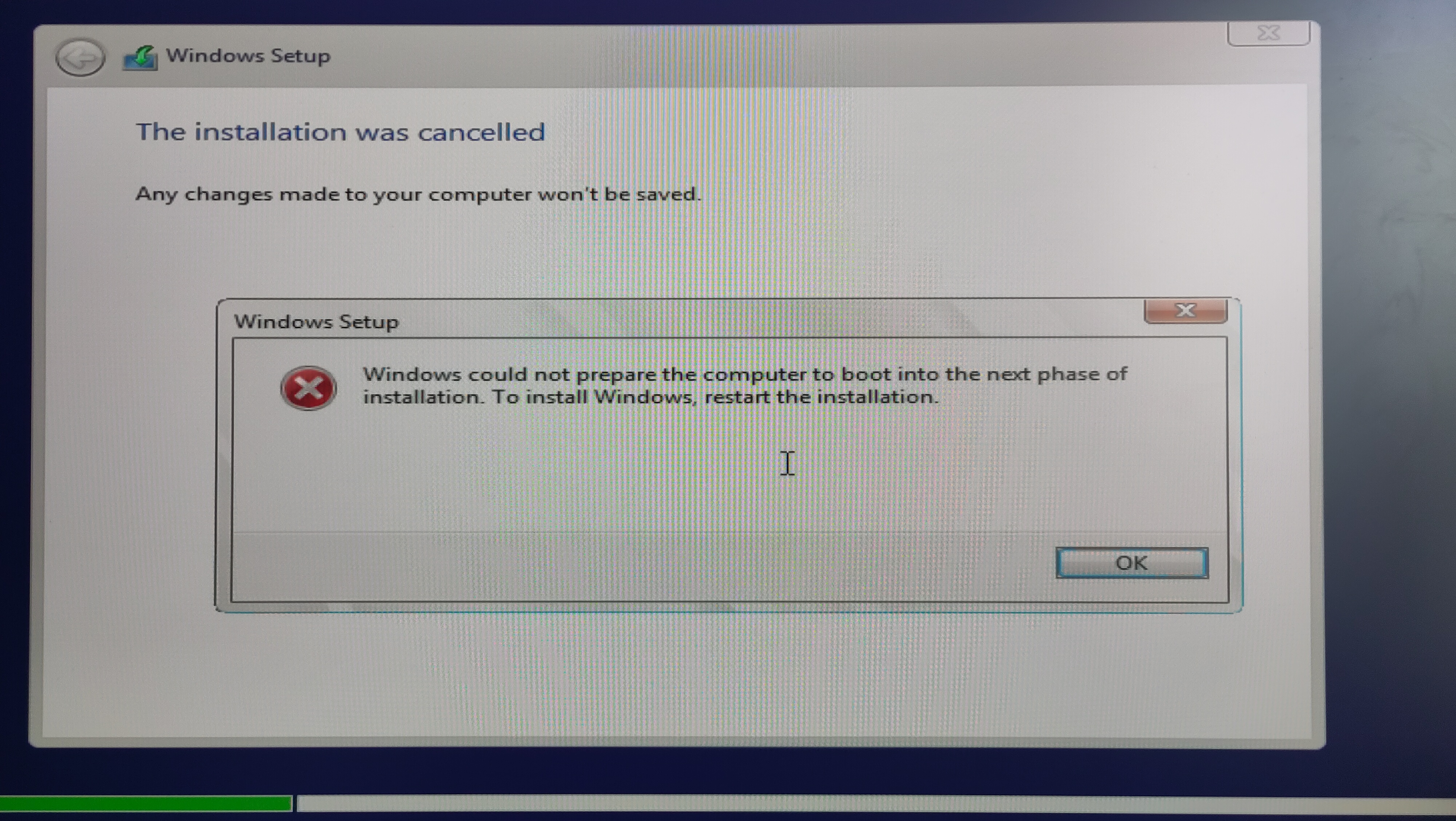 Windows installer error: Windows could not prepare the computer to boot into the next phase of installation