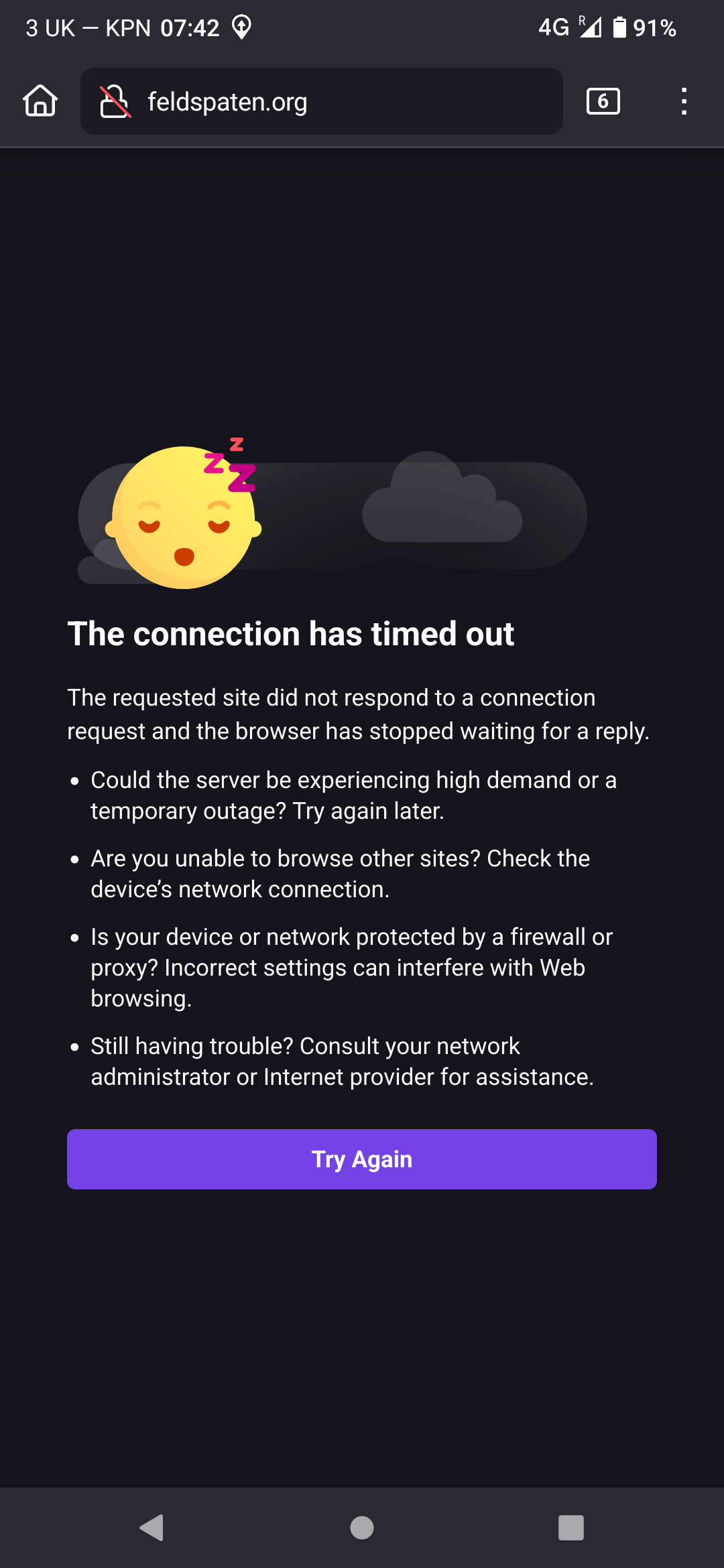 Screenshot of my Android phone showing a timeout error when accessing feldspaten.org