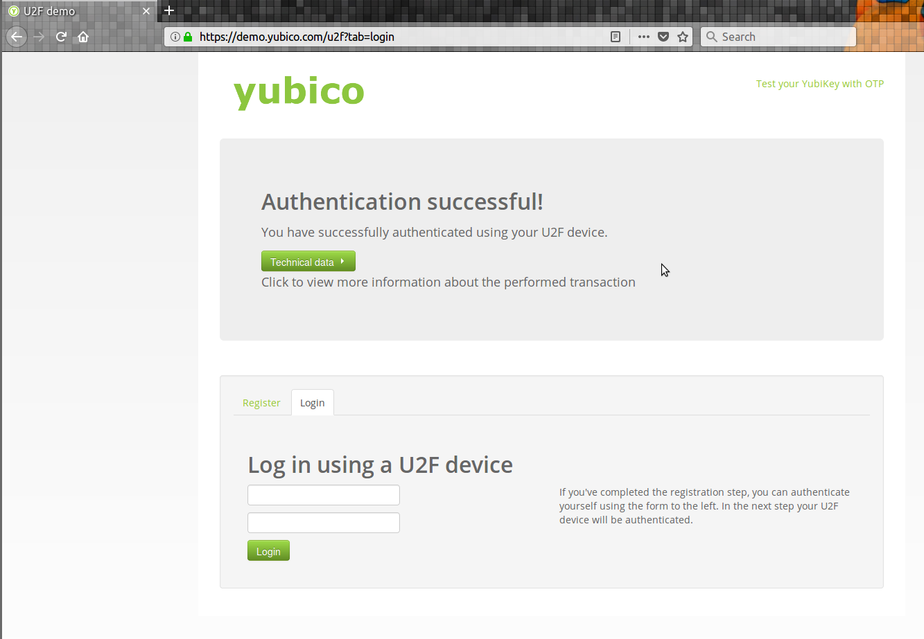 Yubico Demo page showing “Authentication successful!”