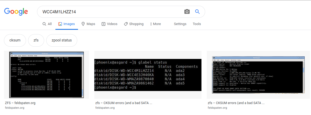 Screenshot of a terminal with disk information including the serial number WCC4M1LHZZ14