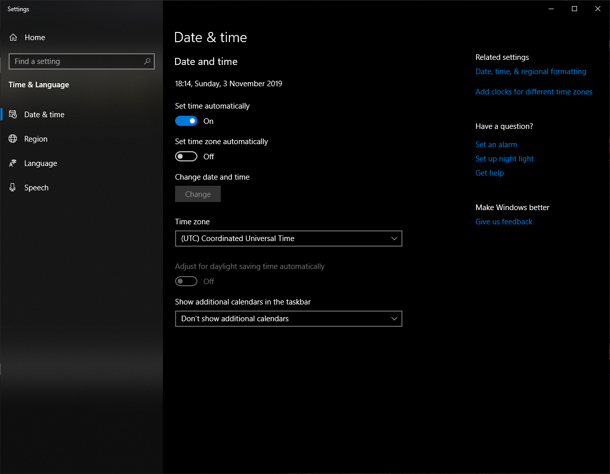 Windows 10 Clock In UTC