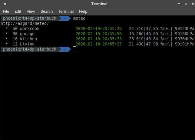 Terminal window showing multiple nodes and their current readings